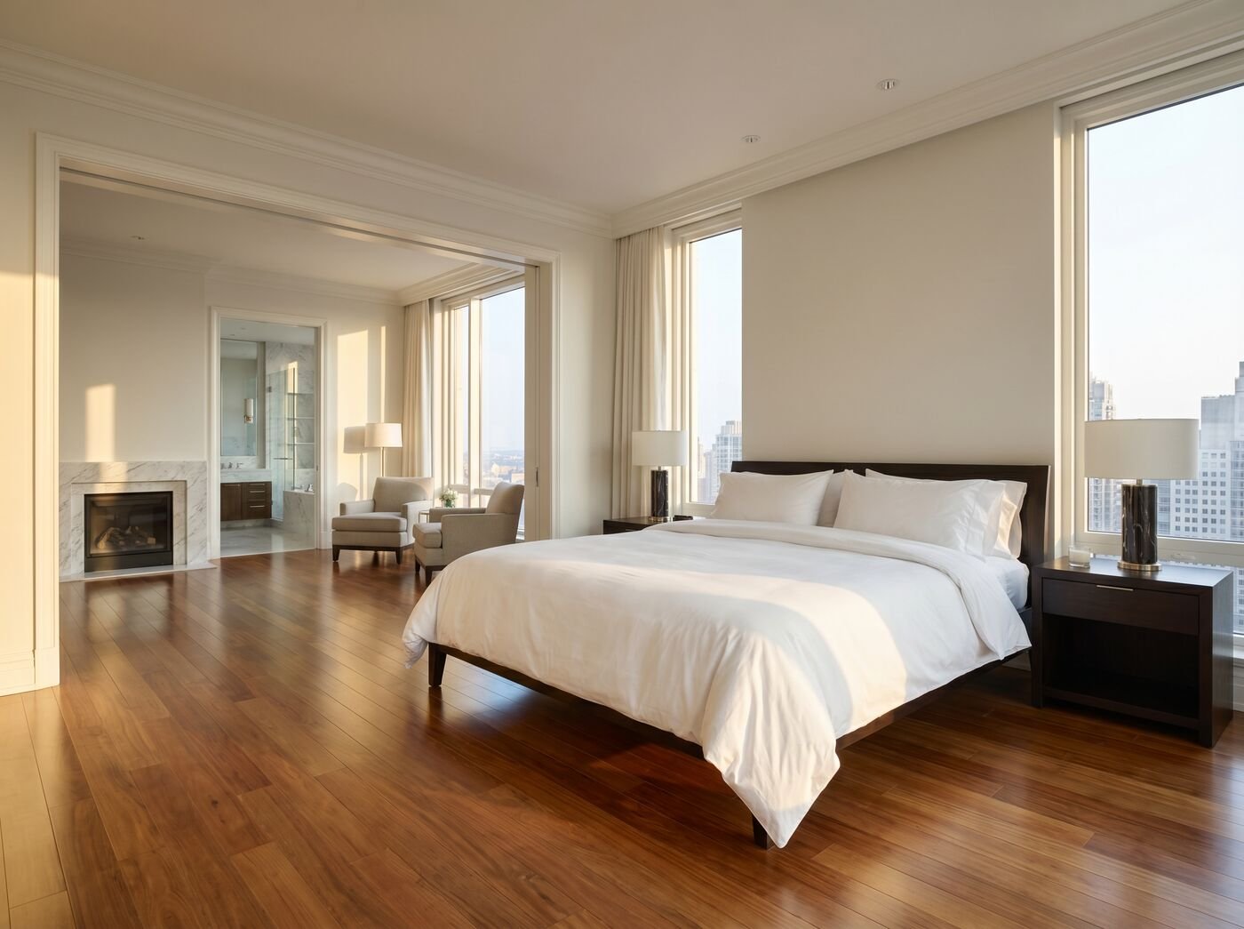 Luxury white bedroom, serene and perfectly clean